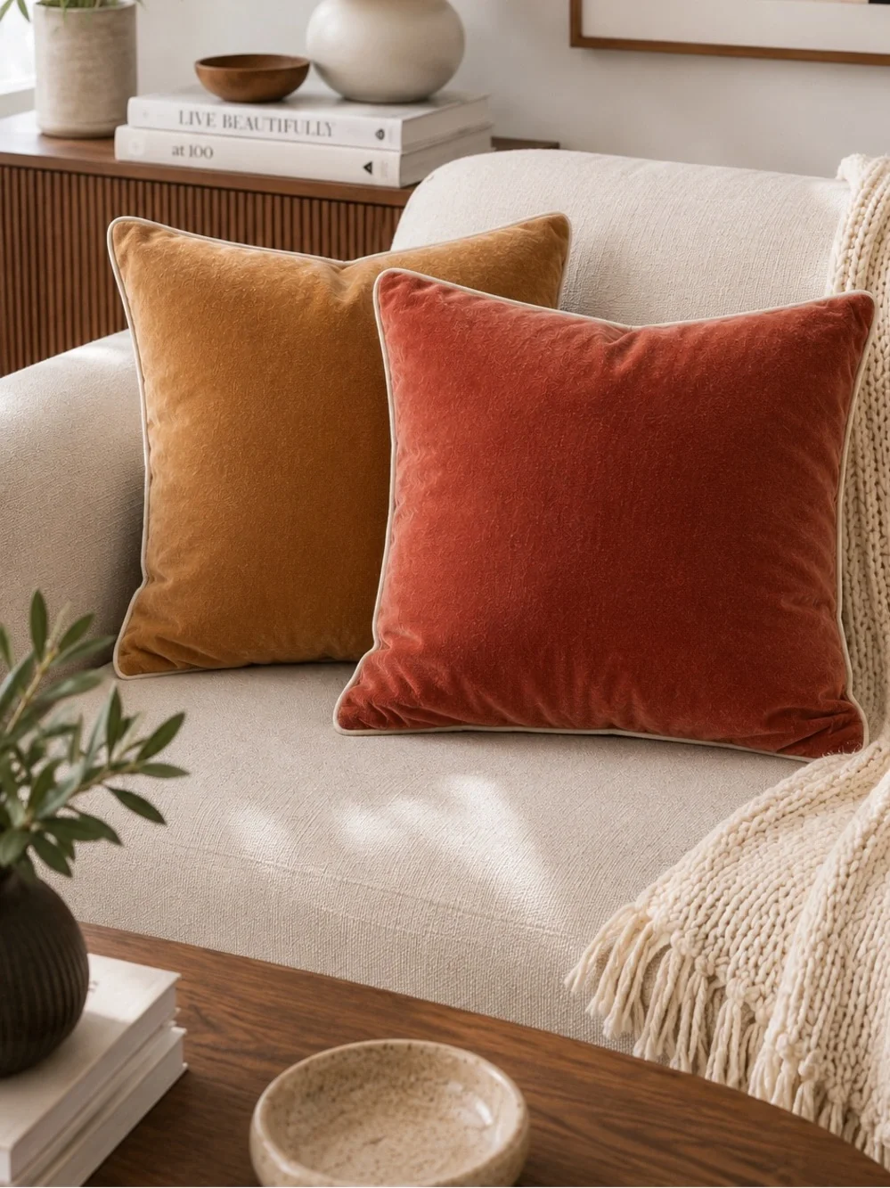 West Elm Classic Cotton Velvet Pillow Cover 20” Set of 2 Linen Trim